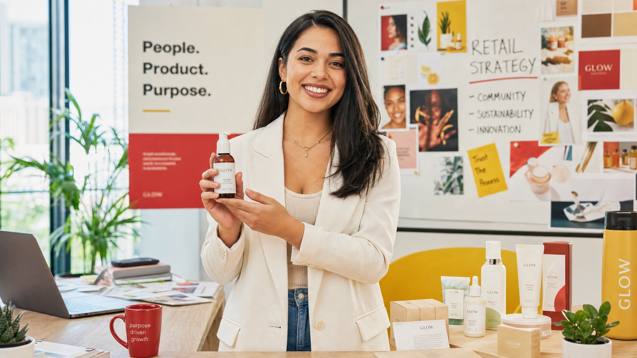 Founder presenting consumer products in a modern retail strategy setting